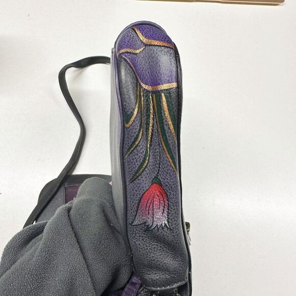 Anuschka Purple Black Floral Hand Painted Leather Crossbody Bag + Card Holder - Picture 5 of 15